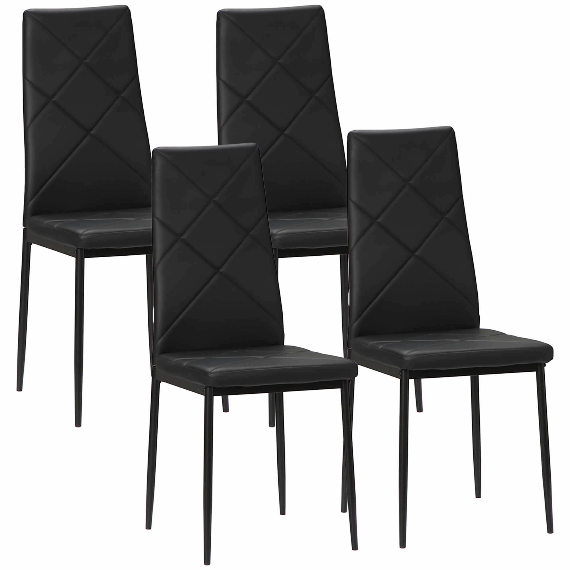 HOMCOM Set de 4 scaune de sufragerie cu spatar inalt, scaune moderne din piele artificiala si otel pentru bucatarie si sufragerie, 41x50x97cm, negru | AOSOM RO