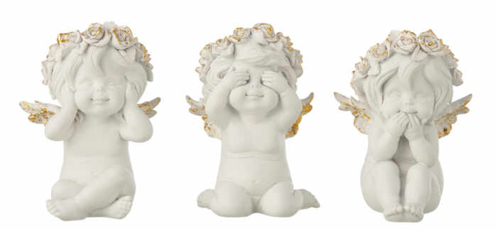 Set 3 figurine Angel See Hear Speak, Rasina, Alb Auriu, 10x9x15 cm