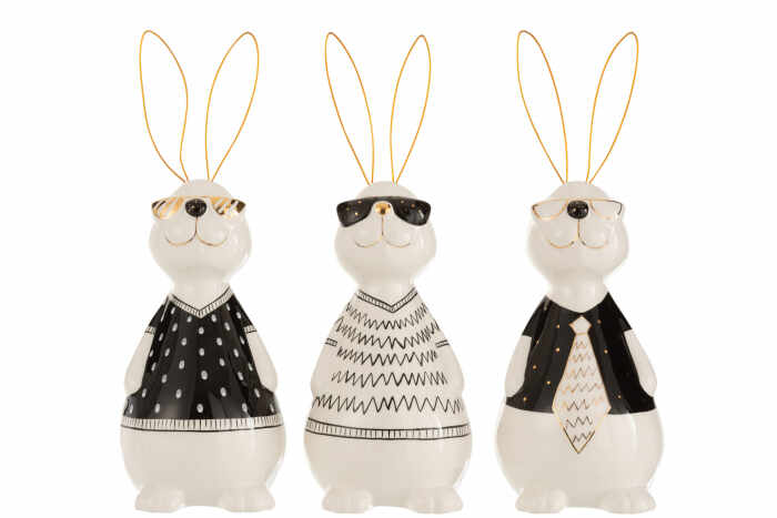Set 3 figurine Rabbit Max, Ceramica, Alb Negru Auriu, 11x11x29.5 cm