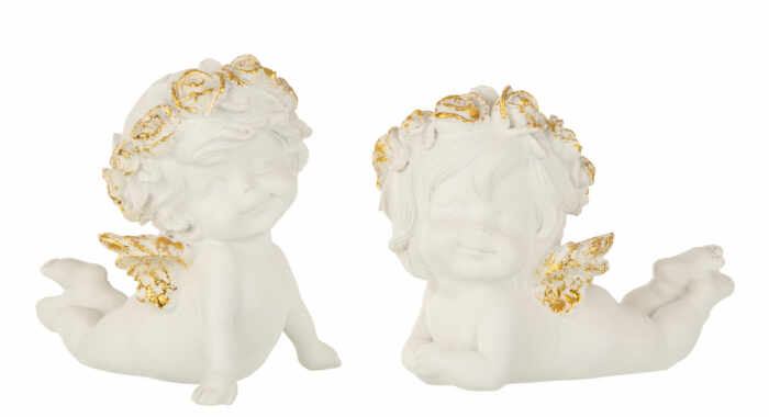 Set 2 figurine Angel Lying, Rasina, Alb Auriu, 10x8x11 cm